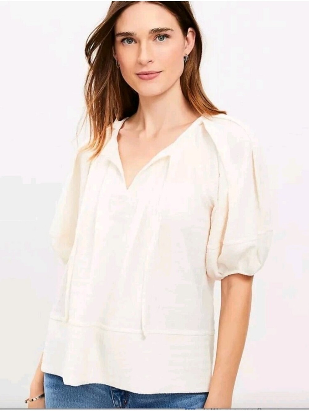 LOFT Ivory Textured Peasant Blouse | Lantern Puff Sleeve | Tie Neck | Women's XS